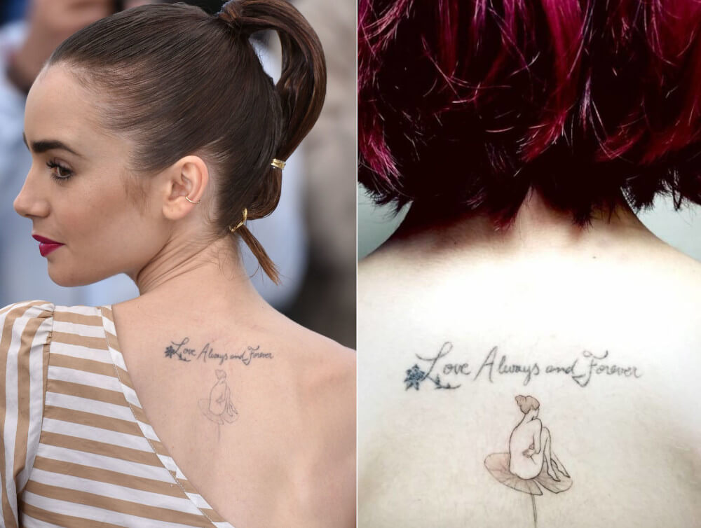 Lily Collins princess back tattoo