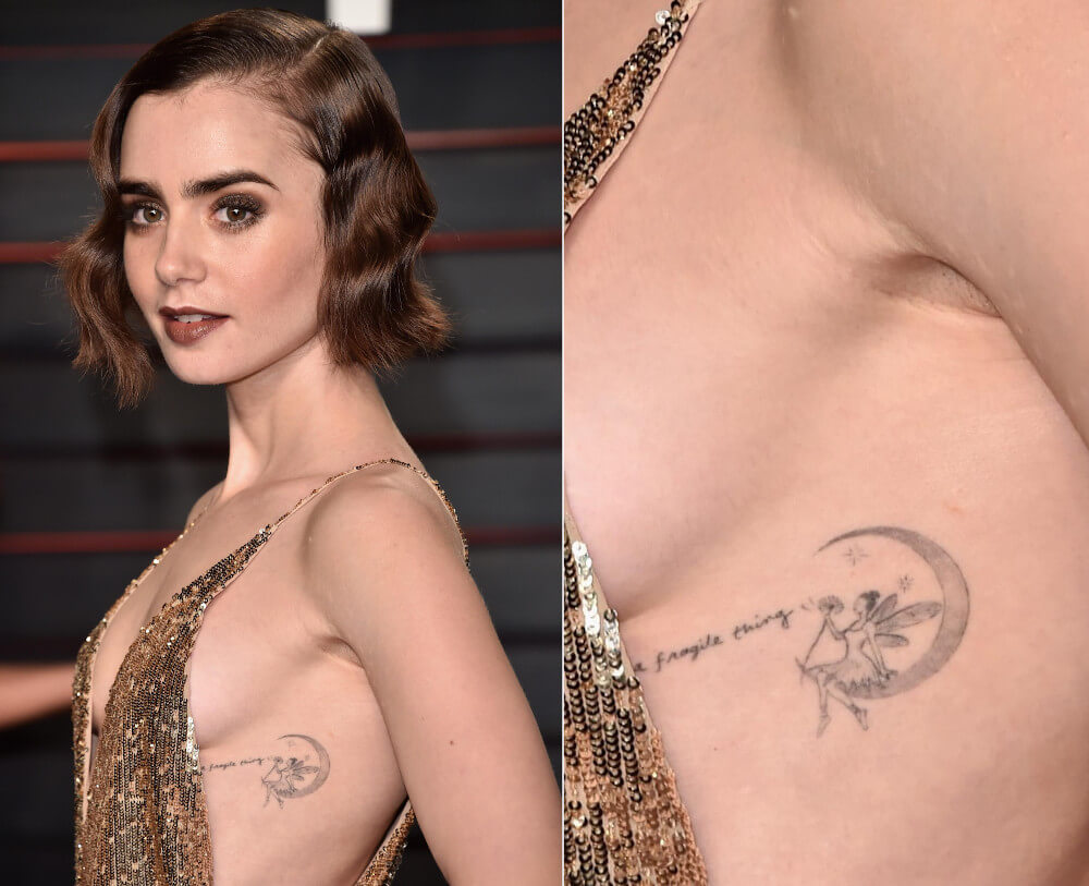 Lily Collins side ribs lily tattoo