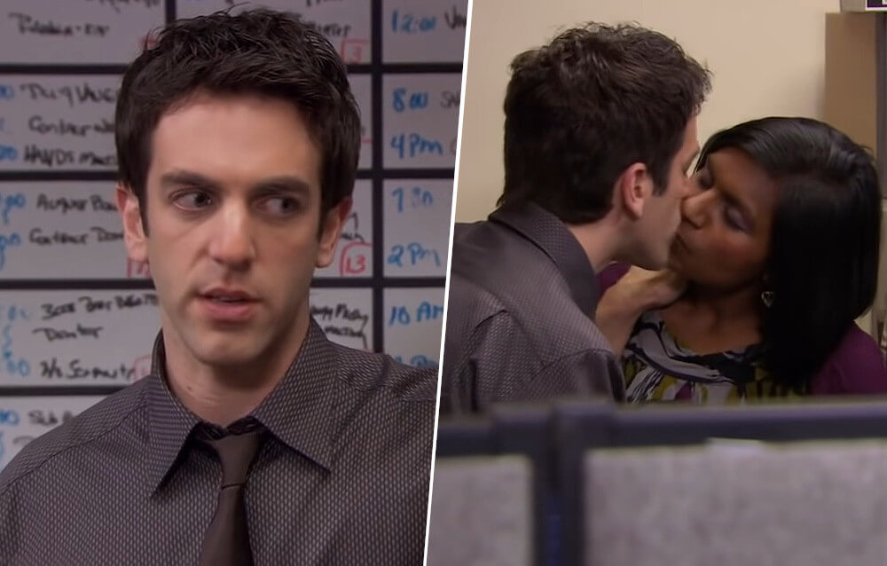 Mindy Kaling and BJ Novak kissing scene in the office