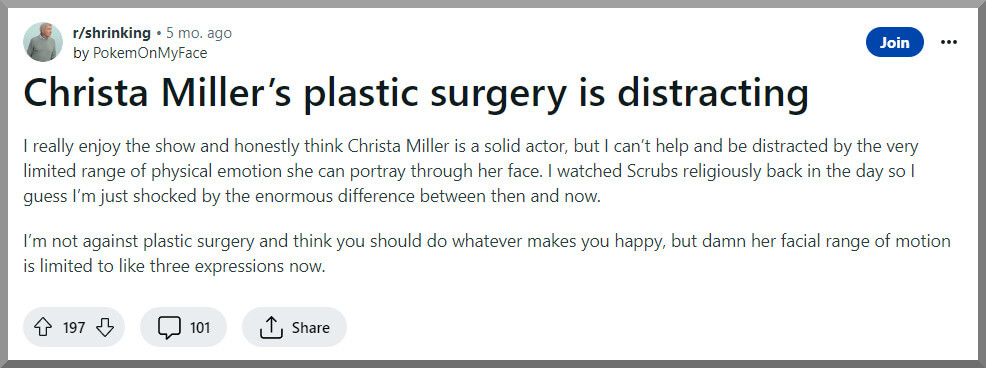 a comment from reddit user about Christa Miller plastic surgery procedure